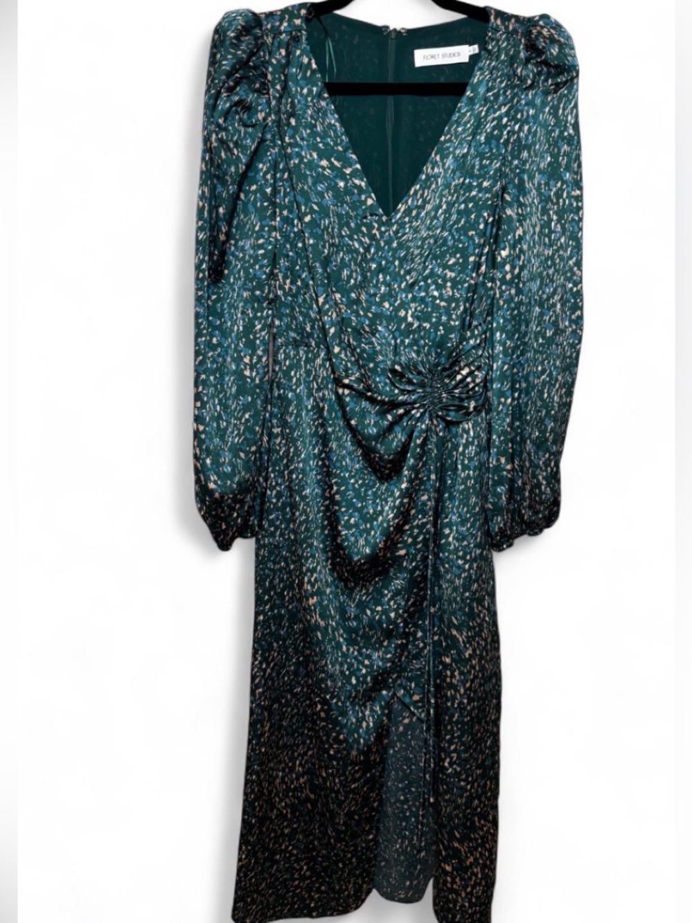 Floret Studios Green Pink Abstract Twist Front Puff Sleeve Midi Dress Small